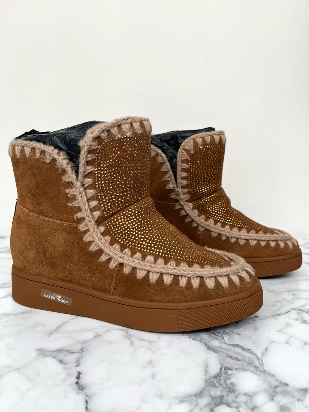 BLONDO Anabel Waterproof Faux-Fur Genuine Suede Mocassin Booties Camel Cognac 9